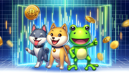 A dynamic and colorful illustration featuring symbols or mascots of the top meme coins (Dogecoin, Shiba Inu, Pepe) with a futuristic digital chart in the background to symbolize growth and the digital nature of cryptocurrencies.