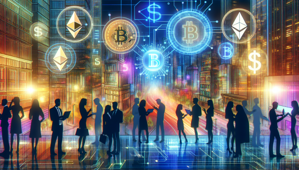 An image depicting a futuristic cityscape with digital currency symbols (Bitcoin, Ethereum, digital dollar) floating above, reflecting a harmonious blend of technology and liberty, with a backdrop of diverse individuals engaging freely in commerce and communication.