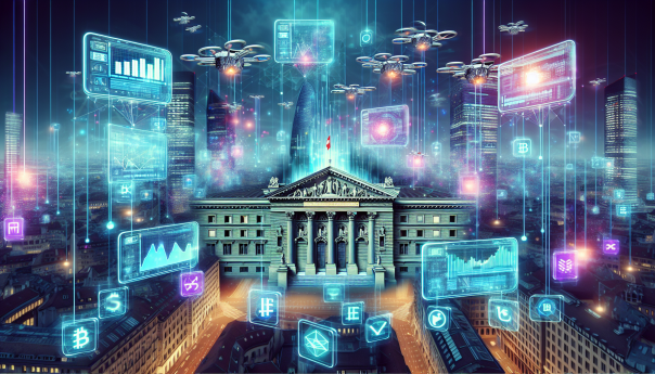 A digital illustration showcasing the Swiss National Bank integrating blockchain technology with financial markets, featuring tokenized bonds, digital currencies, and futuristic financial landscapes.