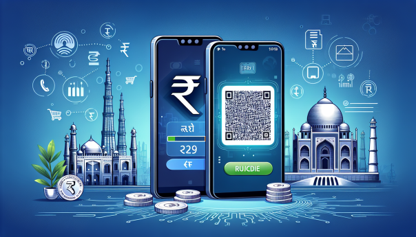 An illustration of a digital rupee symbol being exchanged between two smartphones, with one smartphone displaying a QR code that works for both UPI and CBDC transactions, set against a backdrop of India's iconic landmarks to signify the country's innovation in digital currency.