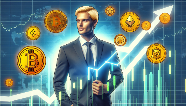 Illustration of Donald Trump surrounded by symbols of various cryptocurrencies and memecoins, including a rising graph in the background to symbolize the market rally sparked by his endorsement.
